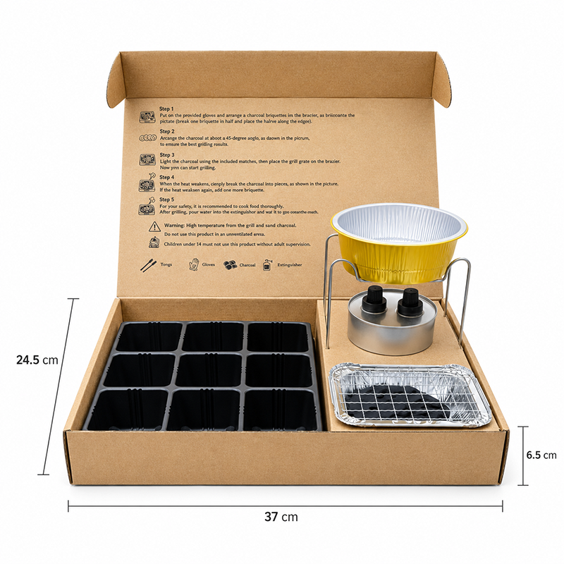 Open BBQ kit with yellow charcoal grill and trays