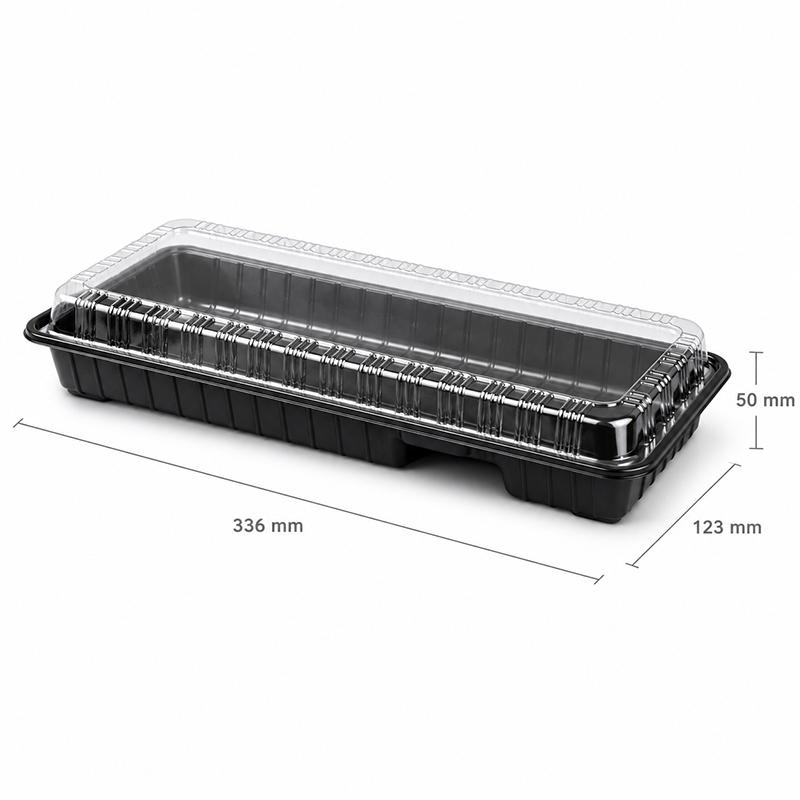 Long black food tray dimensions 336 mm 123 mm 50 mm